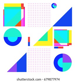 Trendy geometrical vector illustration with elements and abstract colorful textures. Design for summer holiday poster, card, brochure, and promotion template. Fashion art print and background.