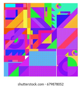 Trendy geometrical vector illustration with elements and abstract colorful textures. Design for summer holiday poster, card, brochure, and promotion template. Fashion art print and background.