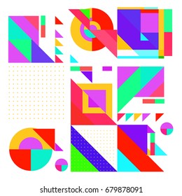 Trendy geometrical vector illustration with elements and abstract colorful textures. Design for summer holiday poster, card, brochure, and promotion template. Fashion art print and background.