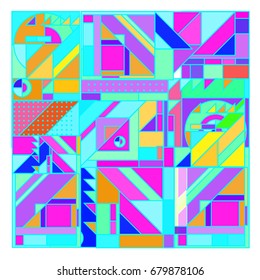 Trendy geometrical vector illustration with elements and abstract colorful textures. Design for summer holiday poster, card, brochure, and promotion template. Fashion art print and background.