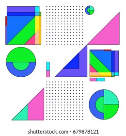 Trendy geometrical vector illustration with elements and abstract colorful textures. Design for summer holiday poster, card, brochure, and promotion template. Fashion art print and background.