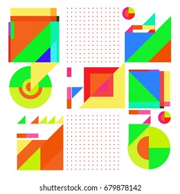 Trendy geometrical vector illustration with elements and abstract colorful textures. Design for summer holiday poster, card, brochure, and promotion template. Fashion art print and background.