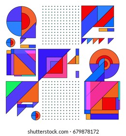 Trendy geometrical vector illustration with elements and abstract colorful textures. Design for summer holiday poster, card, brochure, and promotion template. Fashion art print and background.