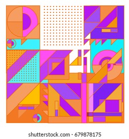 Trendy geometrical vector illustration with elements and abstract colorful textures. Design for summer holiday poster, card, brochure, and promotion template. Fashion art print and background.