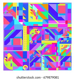 Trendy geometrical vector illustration with elements and abstract colorful textures. Design for summer holiday poster, card, brochure, and promotion template. Fashion art print and background.