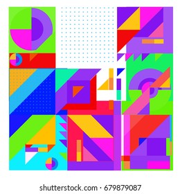 Trendy geometrical vector illustration with elements and abstract colorful textures. Design for summer holiday poster, card, brochure, and promotion template. Fashion art print and background.
