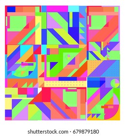Trendy geometrical vector illustration with elements and abstract colorful textures. Design for summer holiday poster, card, brochure, and promotion template. Fashion art print and background.