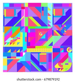 Trendy geometrical vector illustration with elements and abstract colorful textures. Design for summer holiday poster, card, brochure, and promotion template. Fashion art print and background.