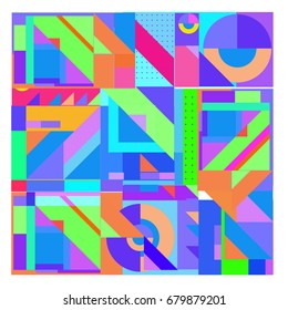 Trendy geometrical vector illustration with elements and abstract colorful textures. Design for summer holiday poster, card, brochure, and promotion template. Fashion art print and background.
