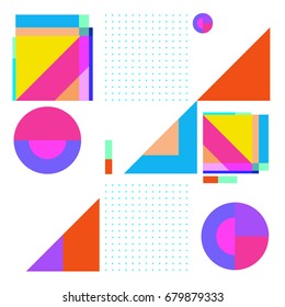 Trendy geometrical vector illustration with elements and abstract colorful textures. Design for summer holiday poster, card, brochure, and promotion template. Fashion art print and background.