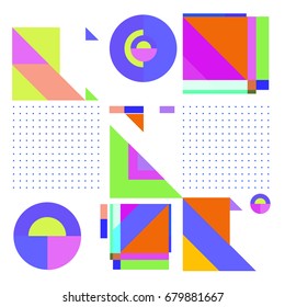 Trendy geometrical vector illustration with elements and abstract colorful textures. Design for summer holiday poster, card, brochure, and promotion template. Fashion art print and background.