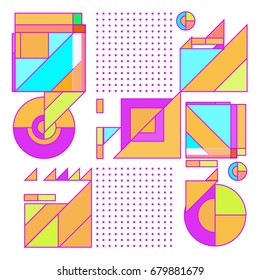 Trendy geometrical vector illustration with elements and abstract colorful textures. Design for summer holiday poster, card, brochure, and promotion template. Fashion art print and background.