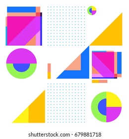 Trendy geometrical vector illustration with elements and abstract colorful textures. Design for summer holiday poster, card, brochure, and promotion template. Fashion art print and background.