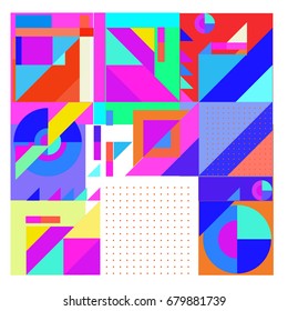 Trendy geometrical vector illustration with elements and abstract colorful textures. Design for summer holiday poster, card, brochure, and promotion template. Fashion art print and background.