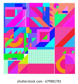 Trendy geometrical vector illustration with elements and abstract colorful textures. Design for summer holiday poster, card, brochure, and promotion template. Fashion art print and background.