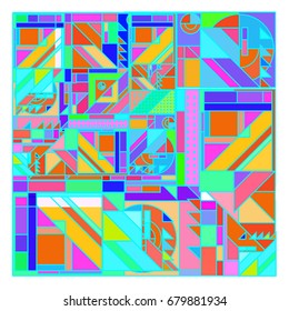 Trendy geometrical vector illustration with elements and abstract colorful textures. Design for summer holiday poster, card, brochure, and promotion template. Fashion art print and background.