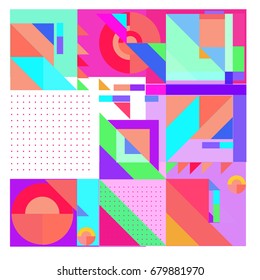 Trendy geometrical vector illustration with elements and abstract colorful textures. Design for summer holiday poster, card, brochure, and promotion template. Fashion art print and background.