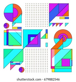 Trendy geometrical vector illustration with elements and abstract colorful textures. Design for summer holiday poster, card, brochure, and promotion template. Fashion art print and background.