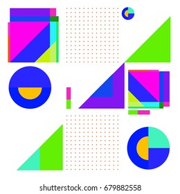 Trendy geometrical vector illustration with elements and abstract colorful textures. Design for summer holiday poster, card, brochure, and promotion template. Fashion art print and background.