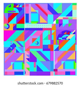 Trendy geometrical vector illustration with elements and abstract colorful textures. Design for summer holiday poster, card, brochure, and promotion template. Fashion art print and background.