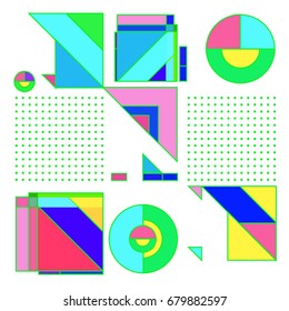Trendy geometrical vector illustration with elements and abstract colorful textures. Design for summer holiday poster, card, brochure, and promotion template. Fashion art print and background.