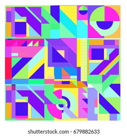 Trendy geometrical vector illustration with elements and abstract colorful textures. Design for summer holiday poster, card, brochure, and promotion template. Fashion art print and background.