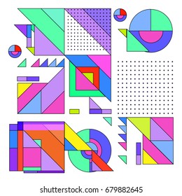 Trendy geometrical vector illustration with elements and abstract colorful textures. Design for summer holiday poster, card, brochure, and promotion template. Fashion art print and background.