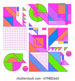 Trendy geometrical vector illustration with elements and abstract colorful textures. Design for summer holiday poster, card, brochure, and promotion template. Fashion art print and background.