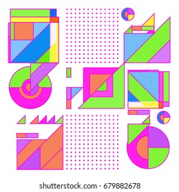 Trendy geometrical vector illustration with elements and abstract colorful textures. Design for summer holiday poster, card, brochure, and promotion template. Fashion art print and background.