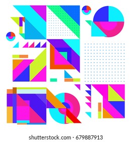 Trendy geometrical vector illustration with elements and abstract colorful textures. Design for summer holiday poster, card, brochure, and promotion template. Fashion art print and background.