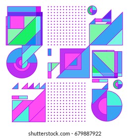 Trendy geometrical vector illustration with elements and abstract colorful textures. Design for summer holiday poster, card, brochure, and promotion template. Fashion art print and background.