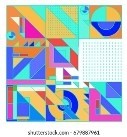 Trendy geometrical vector illustration with elements and abstract colorful textures. Design for summer holiday poster, card, brochure, and promotion template. Fashion art print and background.