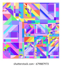 Trendy geometrical vector illustration with elements and abstract colorful textures. Design for summer holiday poster, card, brochure, and promotion template. Fashion art print and background.