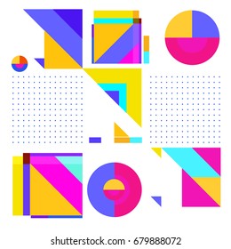 Trendy geometrical vector illustration with elements and abstract colorful textures. Design for summer holiday poster, card, brochure, and promotion template. Fashion art print and background.