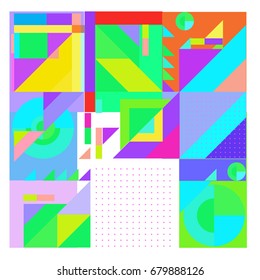 Trendy geometrical vector illustration with elements and abstract colorful textures. Design for summer holiday poster, card, brochure, and promotion template. Fashion art print and background.