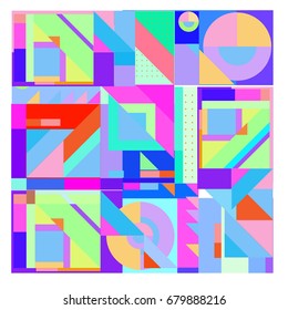 Trendy geometrical vector illustration with elements and abstract colorful textures. Design for summer holiday poster, card, brochure, and promotion template. Fashion art print and background.