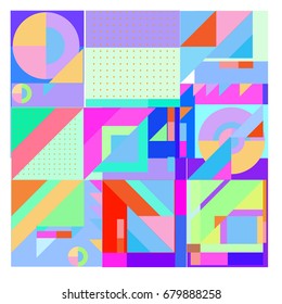 Trendy geometrical vector illustration with elements and abstract colorful textures. Design for summer holiday poster, card, brochure, and promotion template. Fashion art print and background.