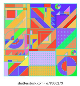 Trendy geometrical vector illustration with elements and abstract colorful textures. Design for summer holiday poster, card, brochure, and promotion template. Fashion art print and background.