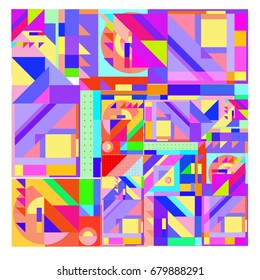 Trendy geometrical vector illustration with elements and abstract colorful textures. Design for summer holiday poster, card, brochure, and promotion template. Fashion art print and background.