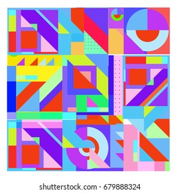 Trendy geometrical vector illustration with elements and abstract colorful textures. Design for summer holiday poster, card, brochure, and promotion template. Fashion art print and background.