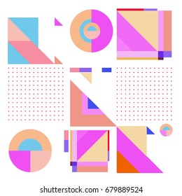 Trendy geometrical vector illustration with elements and abstract colorful textures. Design for summer holiday poster, card, brochure, and promotion template. Fashion art print and background.