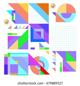 Trendy geometrical vector illustration with elements and abstract colorful textures. Design for summer holiday poster, card, brochure, and promotion template. Fashion art print and background.
