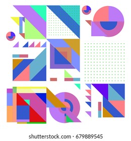 Trendy geometrical vector illustration with elements and abstract colorful textures. Design for summer holiday poster, card, brochure, and promotion template. Fashion art print and background.