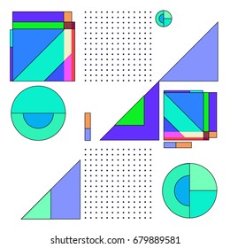 Trendy geometrical vector illustration with elements and abstract colorful textures. Design for summer holiday poster, card, brochure, and promotion template. Fashion art print and background.