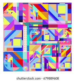 Trendy geometrical vector illustration with elements and abstract colorful textures. Design for summer holiday poster, card, brochure, and promotion template. Fashion art print and background.