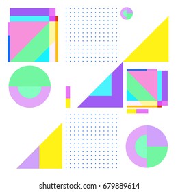 Trendy geometrical vector illustration with elements and abstract colorful textures. Design for summer holiday poster, card, brochure, and promotion template. Fashion art print and background.