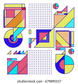 Trendy geometrical vector illustration with elements and abstract colorful textures. Design for summer holiday poster, card, brochure, and promotion template. Fashion art print and background.