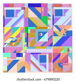 Trendy geometrical vector illustration with elements and abstract colorful textures. Design for summer holiday poster, card, brochure, and promotion template. Fashion art print and background.