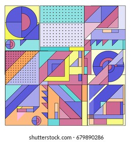 Trendy geometrical vector illustration with elements and abstract colorful textures. Design for summer holiday poster, card, brochure, and promotion template. Fashion art print and background.