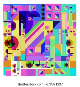 Trendy geometrical vector illustration with elements and abstract colorful textures. Design for summer holiday poster, card, brochure, and promotion template. Fashion art print and background.
